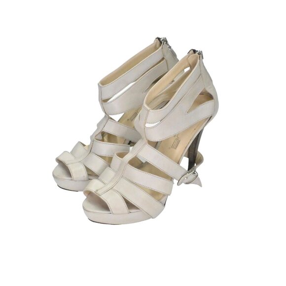 Vtg INNUE Heels Womens Size 38 Gray Leather Strappy Buckle Stiletto Back Zip 00s - Picture 1 of 14